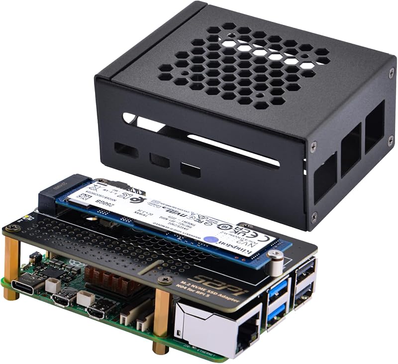 GeeekPi Fém Ház Raspberry Pi 5-höz N04 PCIe M.2 NVMe SSD Bővítőkártyával - Kompatibilis 2230/2242/2260/2280 M.2 SSD Meghajtókkal