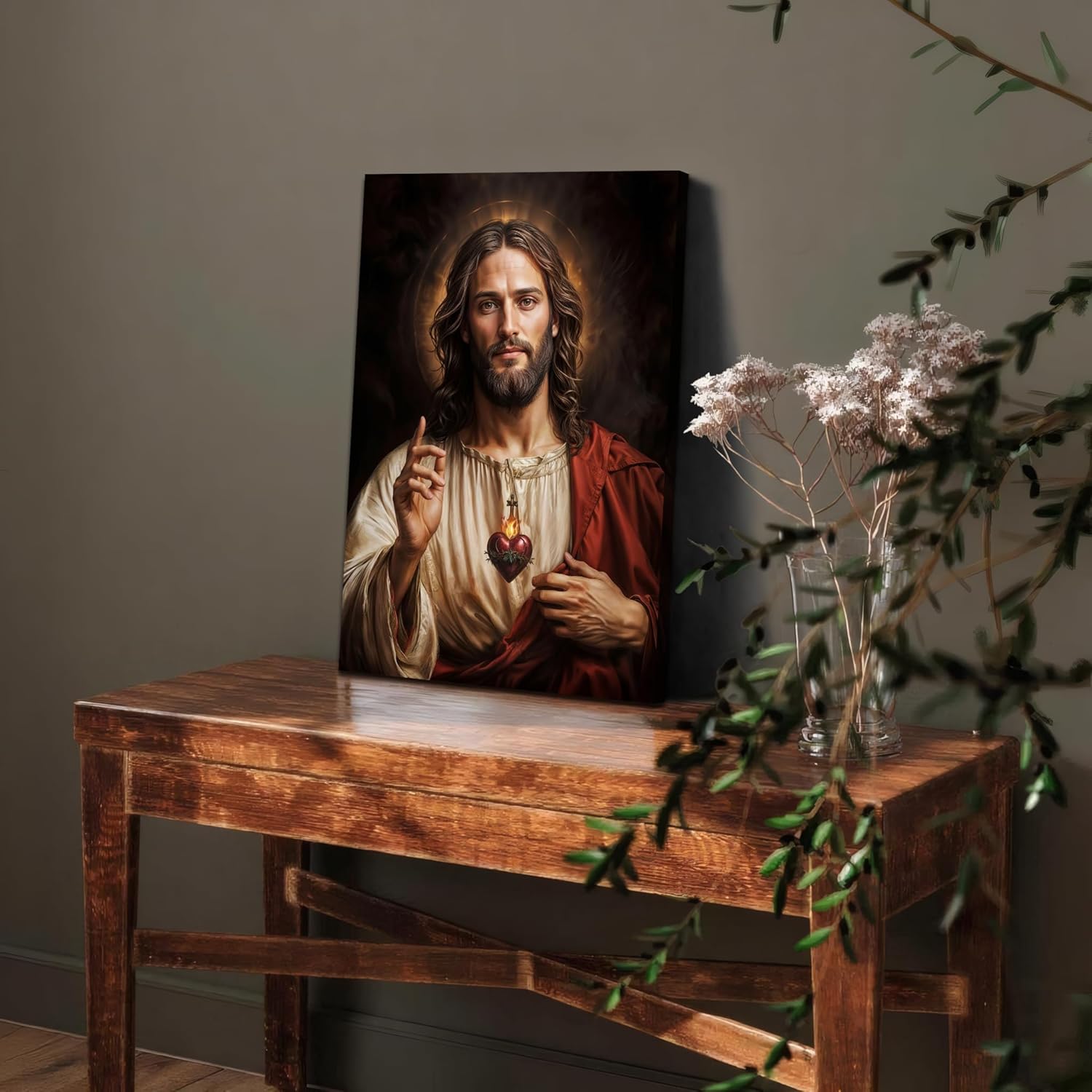 Framed Sacred Heart of Jesus Wall Art, Christian Divine Mercy Paintings Wall Decor, Christ Portrait Pictures Canvas Prints Catholic Religious Home Decor for Church Prayer Room Living Room 12X16 inch - Image 2