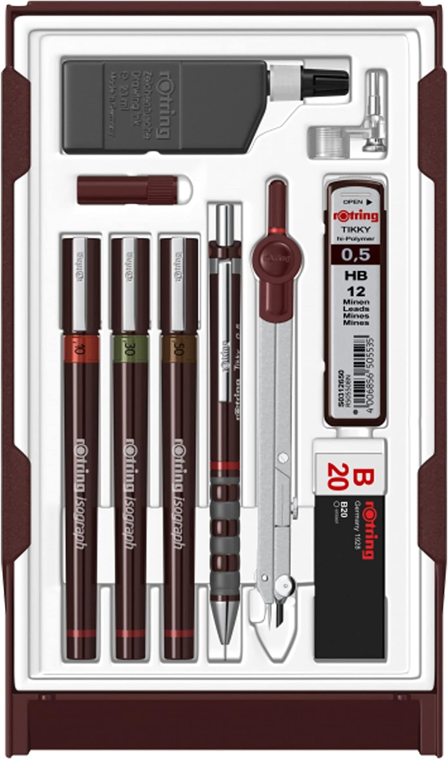 Isograph Technical Pen Master Set, 3 Fineliners (0.10mm, 0.30mm, 0.50mm), Mechanical Pencil (0.5mm), Compass & Accessories, 10-Piece Set in Case