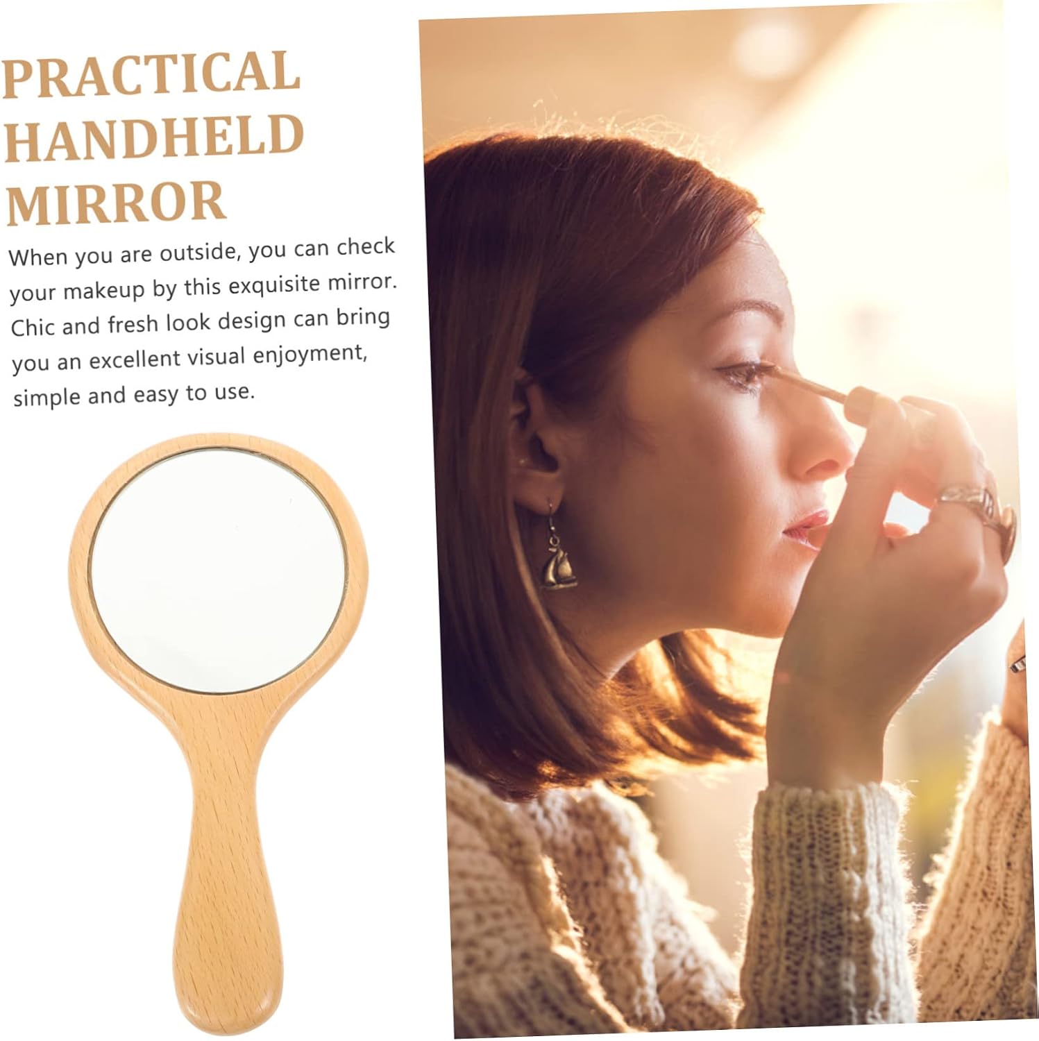 Portable Handheld Makeup Mirror with Ergonomic Wooden Handle Compact Travel Mirror for Makeup and Grooming for Home Office Go Use