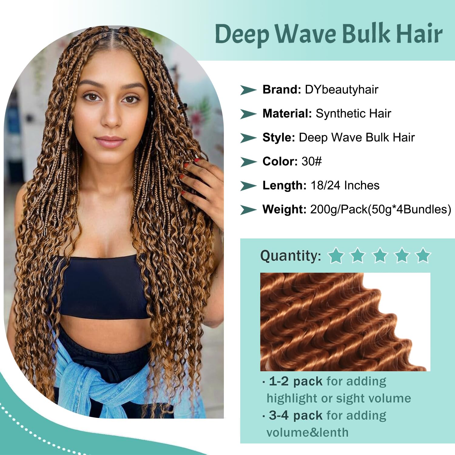 Curly Braiding Hair for Boho Braids 24 Inch 200G Deep Wave Bulk Braiding Hair Synthetic Curly Crochet Hair Bundles for Micro Braiding Hair Extensions (30# - Image 2