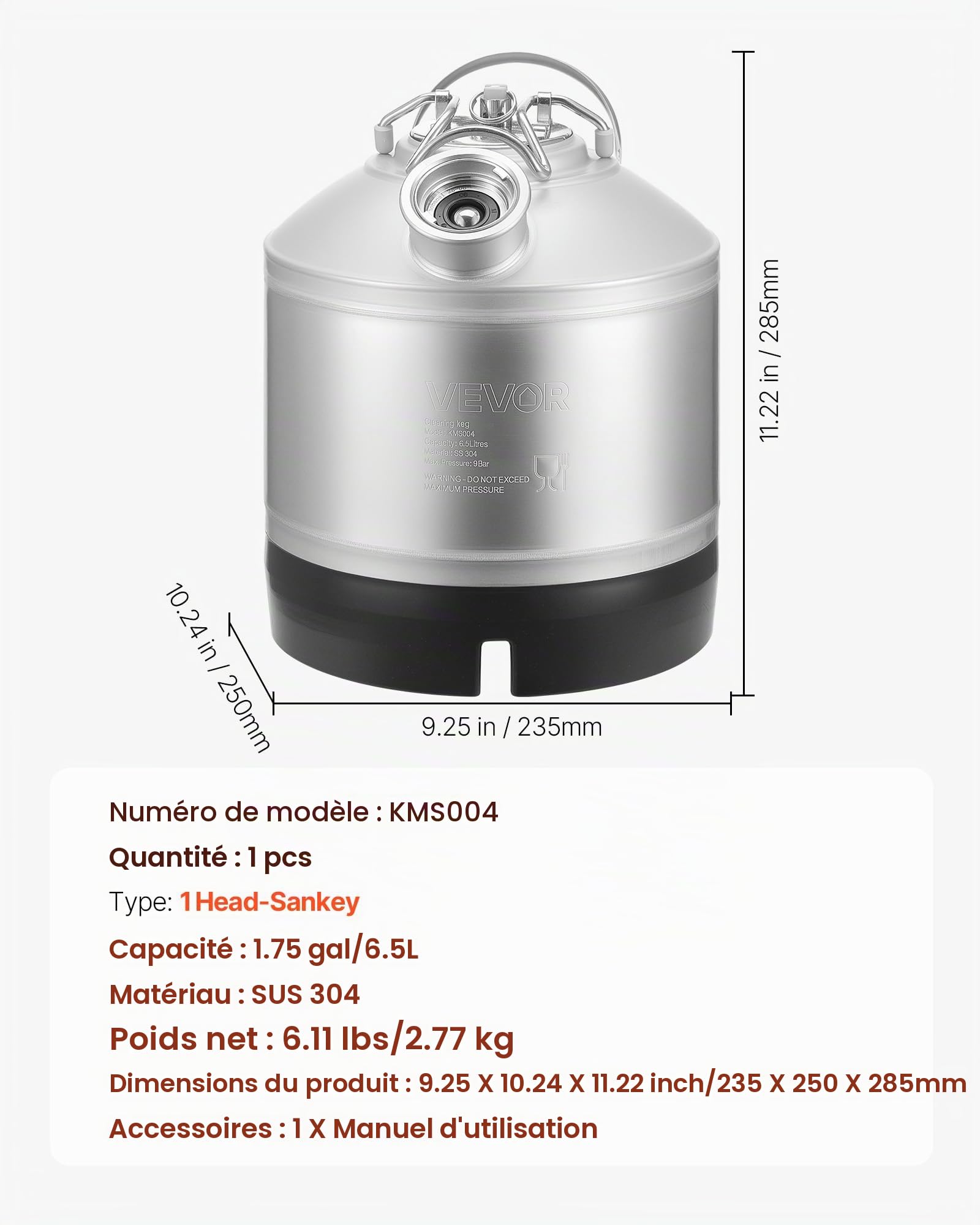 VEVOR Fût de Nettoyage pour Tireuse à Bière 6,5 L, Fût de Lavage de Conduites pour Système de Tirage Pression de Bière, en Acier Inoxydable 304, avec Raccords en D et Base en Caoutchouc, Pub Maison