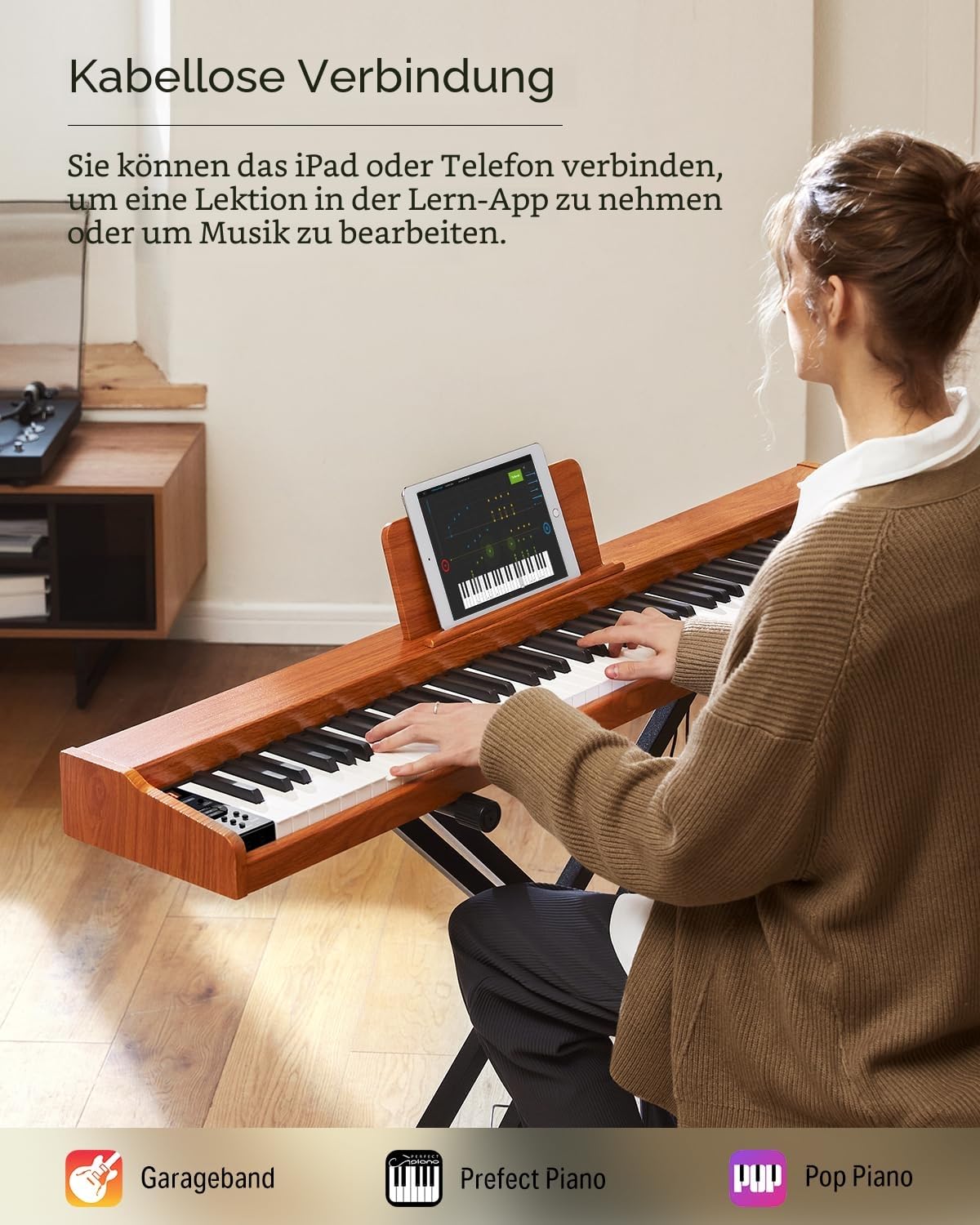 Donner DEP-1S Digitalpiano mit 88 Tasten, Anschlagdynamisches E-Piano für Anfänger, mit Bluetooth, USB-MIDI, 128 Klängen, 100 Rhythmen, Klappständer, Sustainpedal, Tastenaufkleber & Netzteil