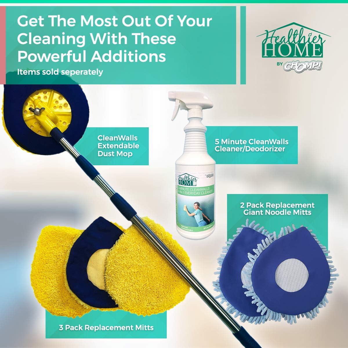 Chomp! Microfiber Mop Refill Pack: 5 Minute CleanWalls 2-pak Giant Noodle Blue Duster Reusable Washable, Window/Door Frame Cleaner and Baseboard Dusts - Dry Dusting Pads