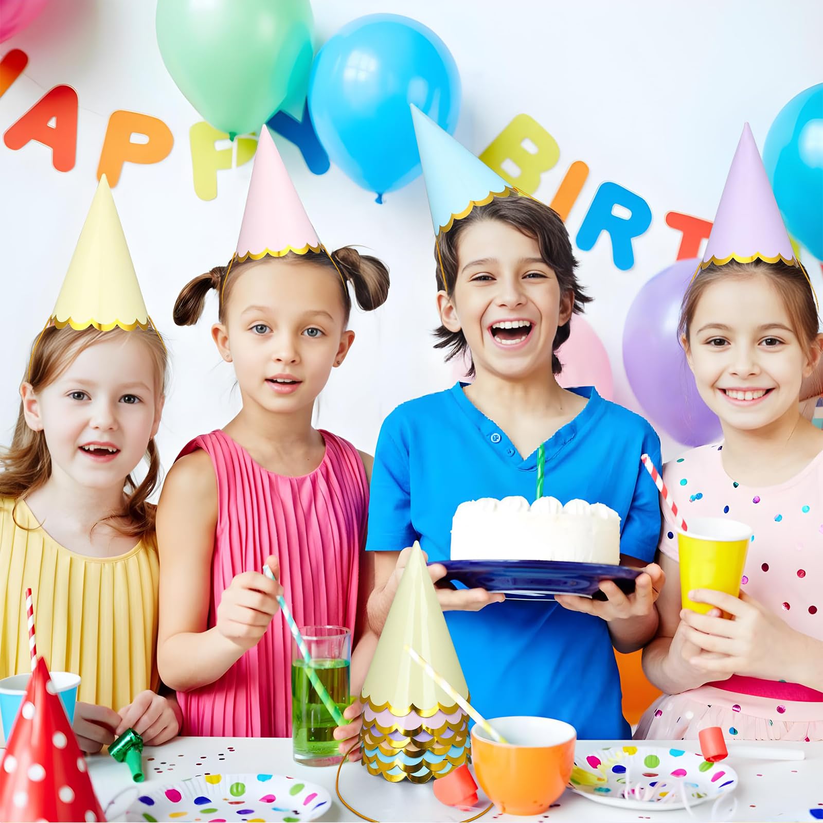 GlamRays 12 Stuks Pastel Verjaardag Feest Hoeden Kleurrijke Kegel Verjaardag Hoeden Regenboog Kegel Papieren Hoeden met Elastisch Koord voor Verjaardag Baby Shower Huwelijksfeest
