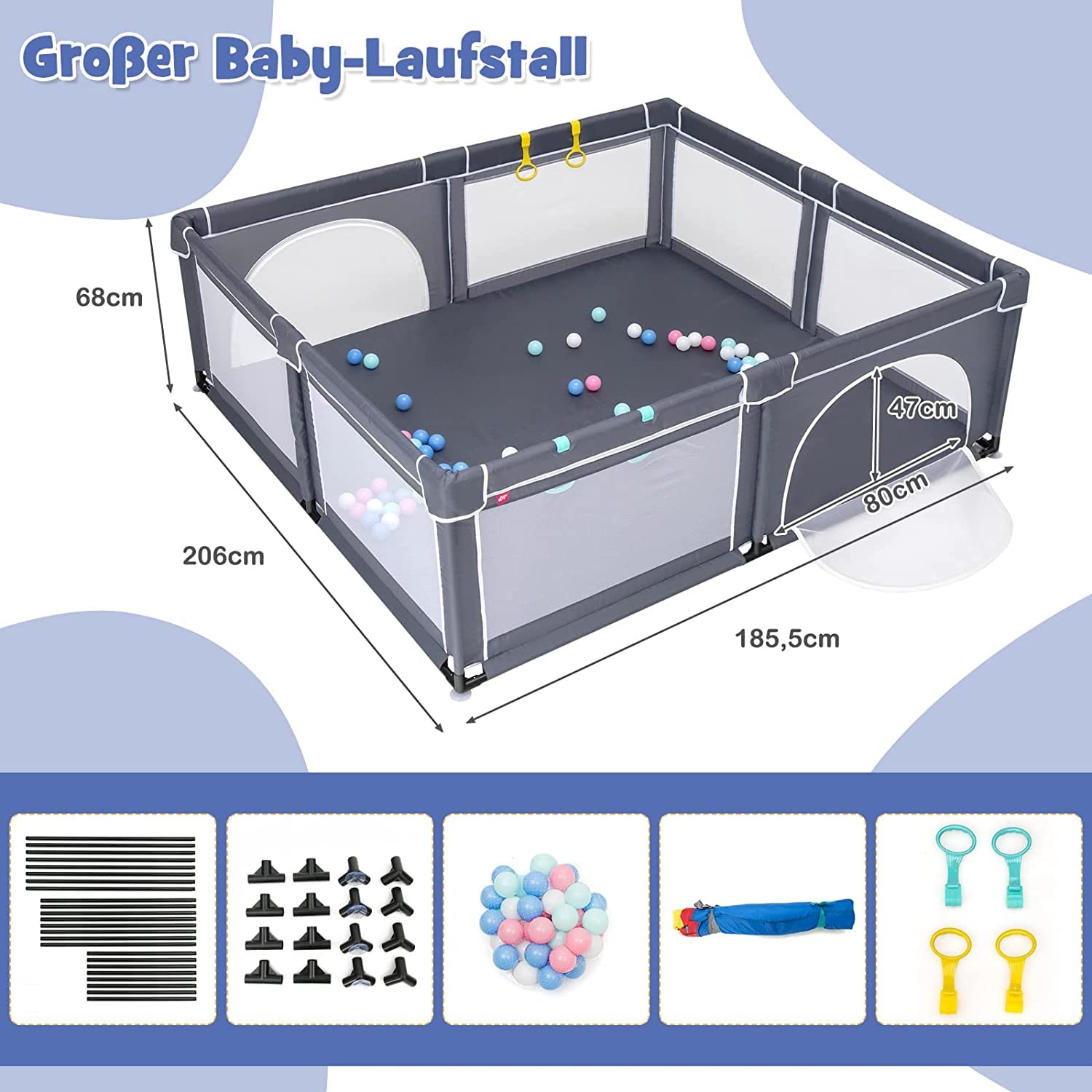 COSTWAY Babybox 206 x 186 cm, met 50 speelballen, loopbox met ademend