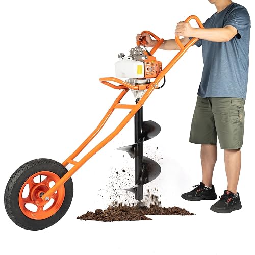63CC 2 Stroke Post Hole Digger 3HP Gas Powered Earth Auger Borer Ground Drill Gasoline Earth Auger Wheelbarrow with 11" Bit, for Fence Ground Drill Garden Tree Planting (Orange)-[Arrives in two boxes]