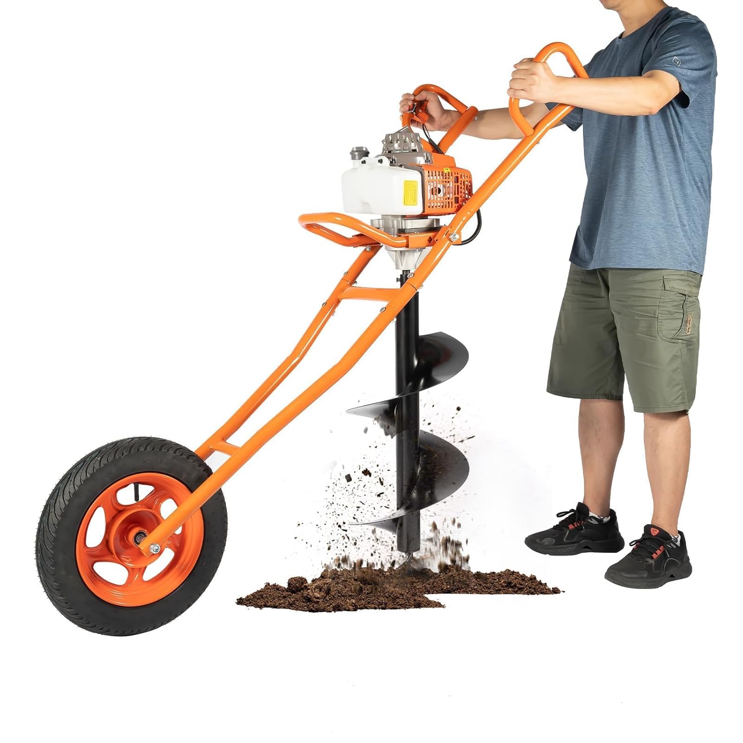 63CC 2 Stroke Post Hole Digger 3HP Gas Powered Earth Auger Borer Ground Drill Gasoline Earth Auger Wheelbarrow with 11" Bit, for Fence Ground Drill Garden Tree Planting (Orange)-[Arrives in two boxes]