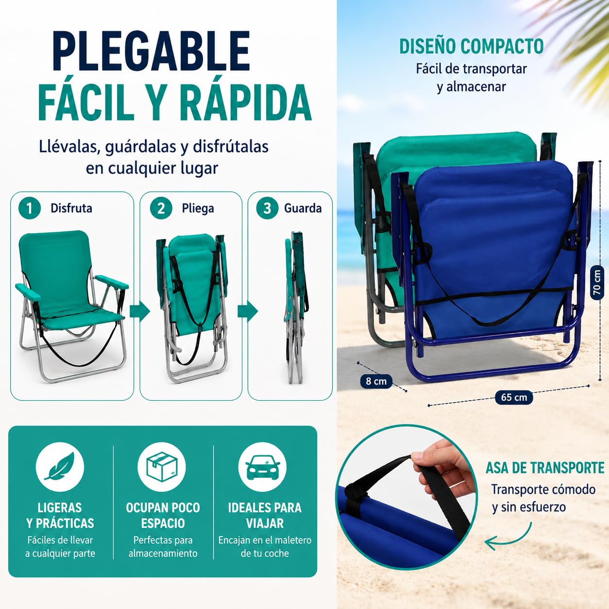 TIENDA EURASIA – Pack de 2 Sillas de Playa Plegables | Ligeras y Portátiles con Asa de Transporte | Estructura Metálica Resistente | 1 Posición Fija | Ideales para Playa y Exterior (Azul y Verde)