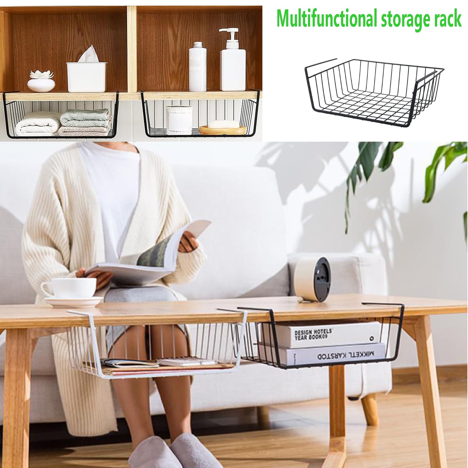 2 Stück Unterregal Aufbewahrungskorb, Hängekorb Metall Aufbewahrungskorb, Hängekorb Regal Unter Schrank Korb-Organizer Schwarz Regaleinhängekorb für Küche, Büro, Speisekammer, Bad, Schrank