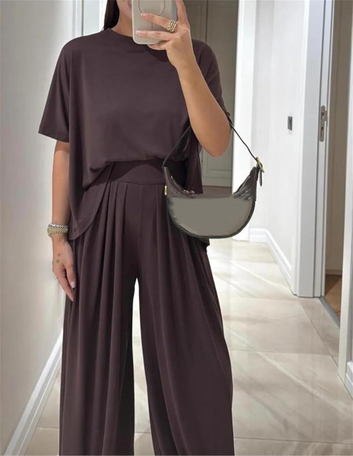 Women’S Casual T-Shirt Short Sleeve Top 2 Piece Set Loose High Waist Wide Leg Trousers Pants Set Casual Pant Suits Set