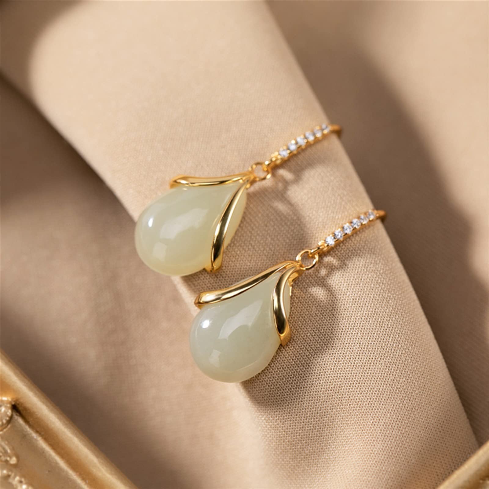 Pendientes de plata S925 chapados en oro con forma de gota de jade hetiano para mujer, joyería para novia, pendientes de plata