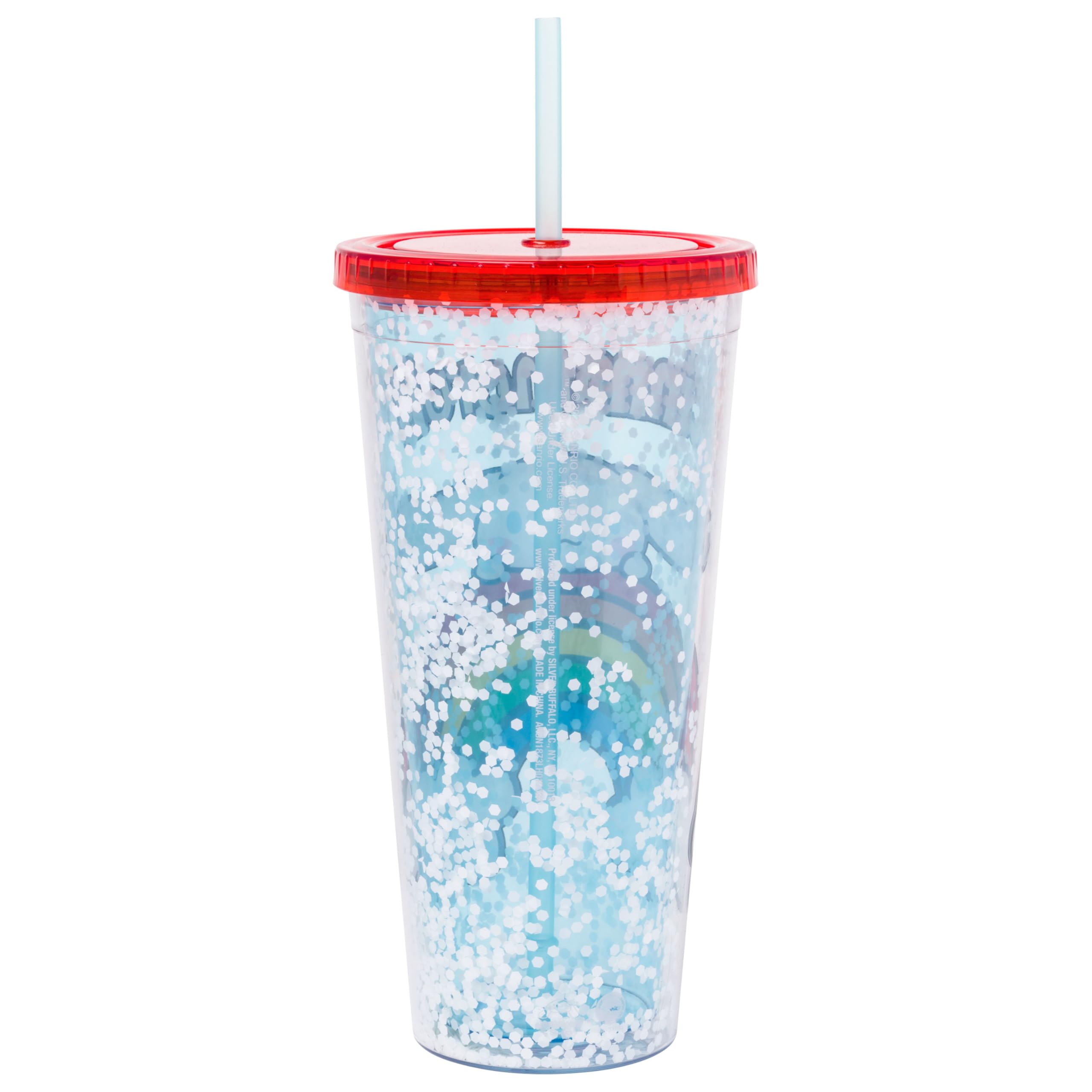 Silver Buffalo Sanrio Hello Kitty and Friends Cinnamoroll Rainbow Kunststoff-Konfetti-Becher mit Deckel und Strohhalm, 907 ml