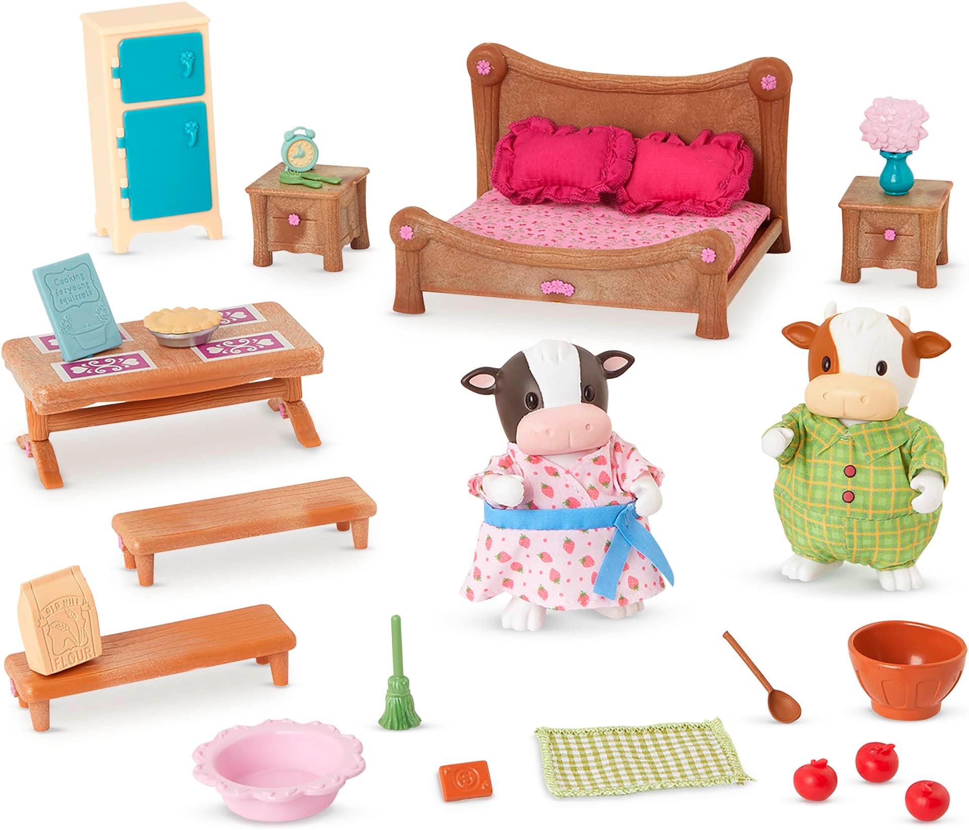 Bedroom & Dining Playset with 2 Characters, Dollhouse Furniture Set, Toy Bedroom & Kitchen Playset with Animal Figurines, 3+ Years