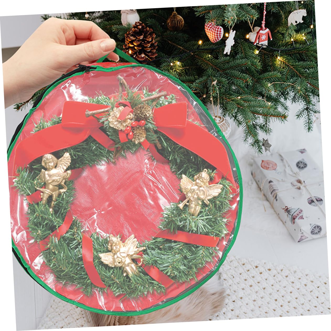 STOBAZA Christmas Garland Pouch Round Storage Bag Clear Window Foldable Wreath Holder Holiday Organizer Easy to Carry