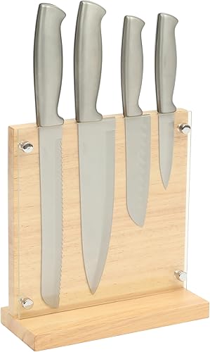 Oster Baldwyn - Juego de 5 bloques de cuchillos de acero inoxidable con soporte magnético de madera, exhibición de encimera y almacenamiento seguro