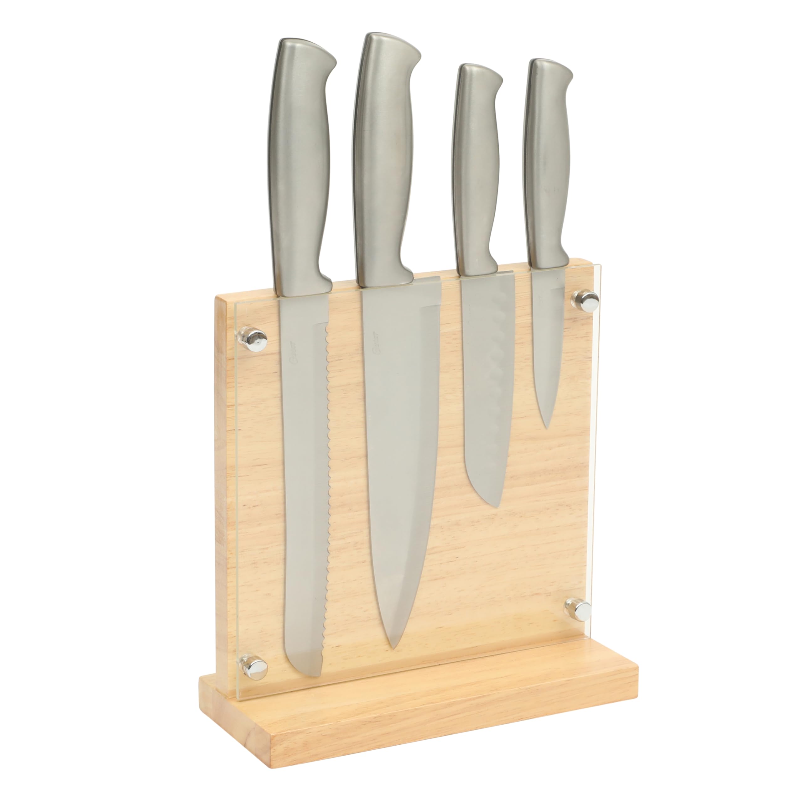 Oster Baldwyn 5-Piece Stainless Steel Knife Block Set with Wood Magnetic Stand Countertop Display Knife-Safe Storage