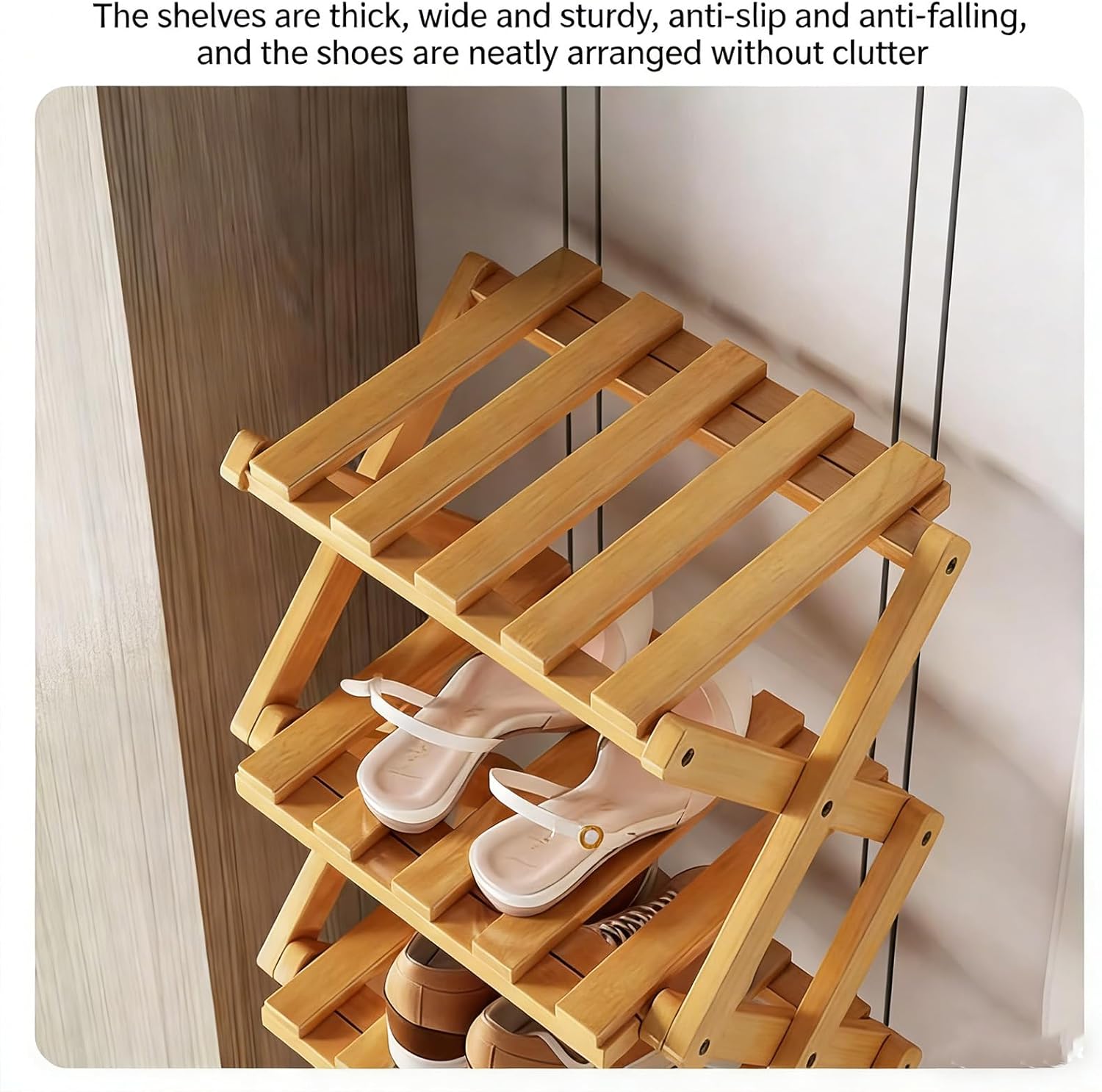 The 9-Tier No-Assembly Bamboo Rack, 9 Tier Bamboo Shoe Rack, No-Tool Assembly, Space-Saving Multifunctional Shelf for Entryways, Corners, Bedrooms, Balconies (Brown)