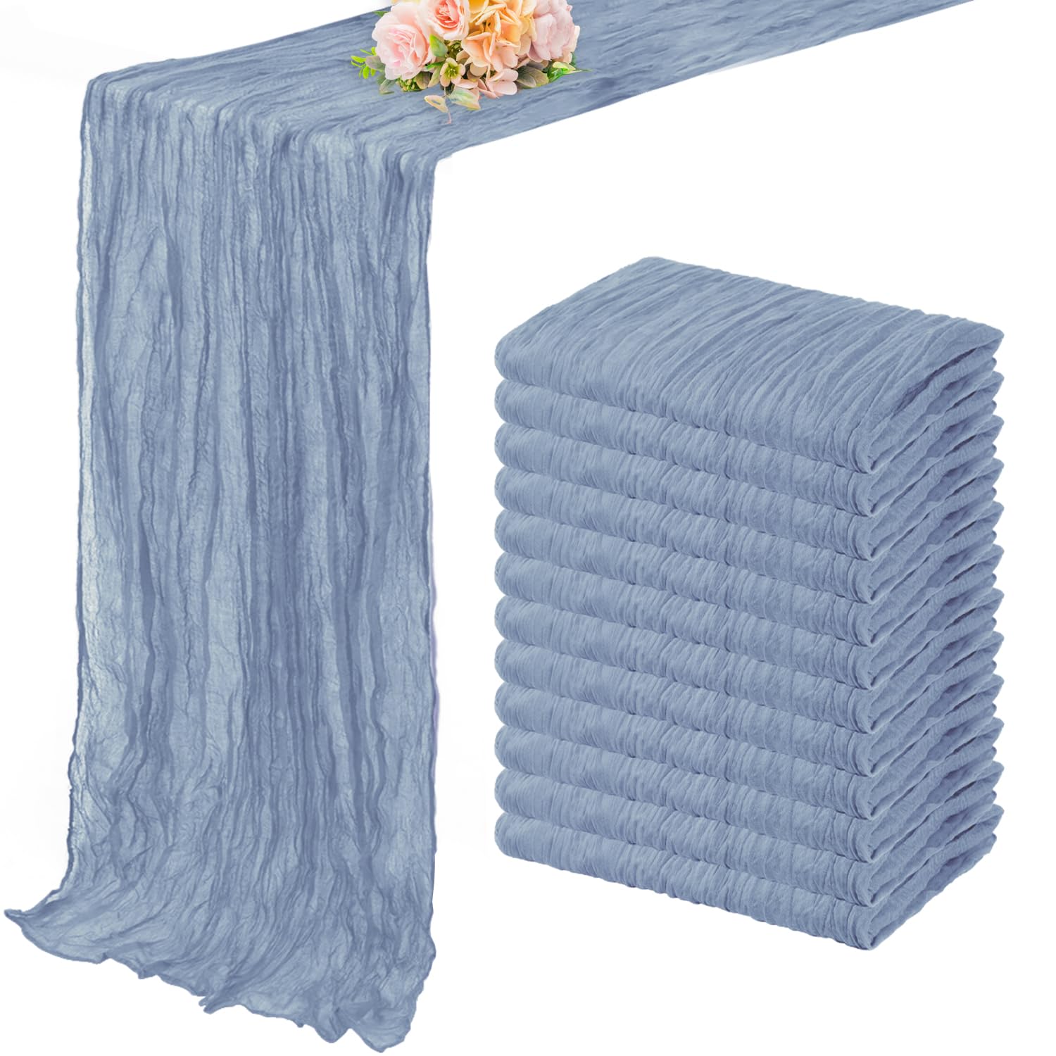 Photo 1 of 12 Pack Dusty Blue 10FT Cheesecloth Table Runner Rustic Gauze Fabric Cheese Cloth Table Runner for Wedding Bridal Baby Shower Table Decor 20 x 120 Inch Long Boho Sheer Birthday Party Table Decorations