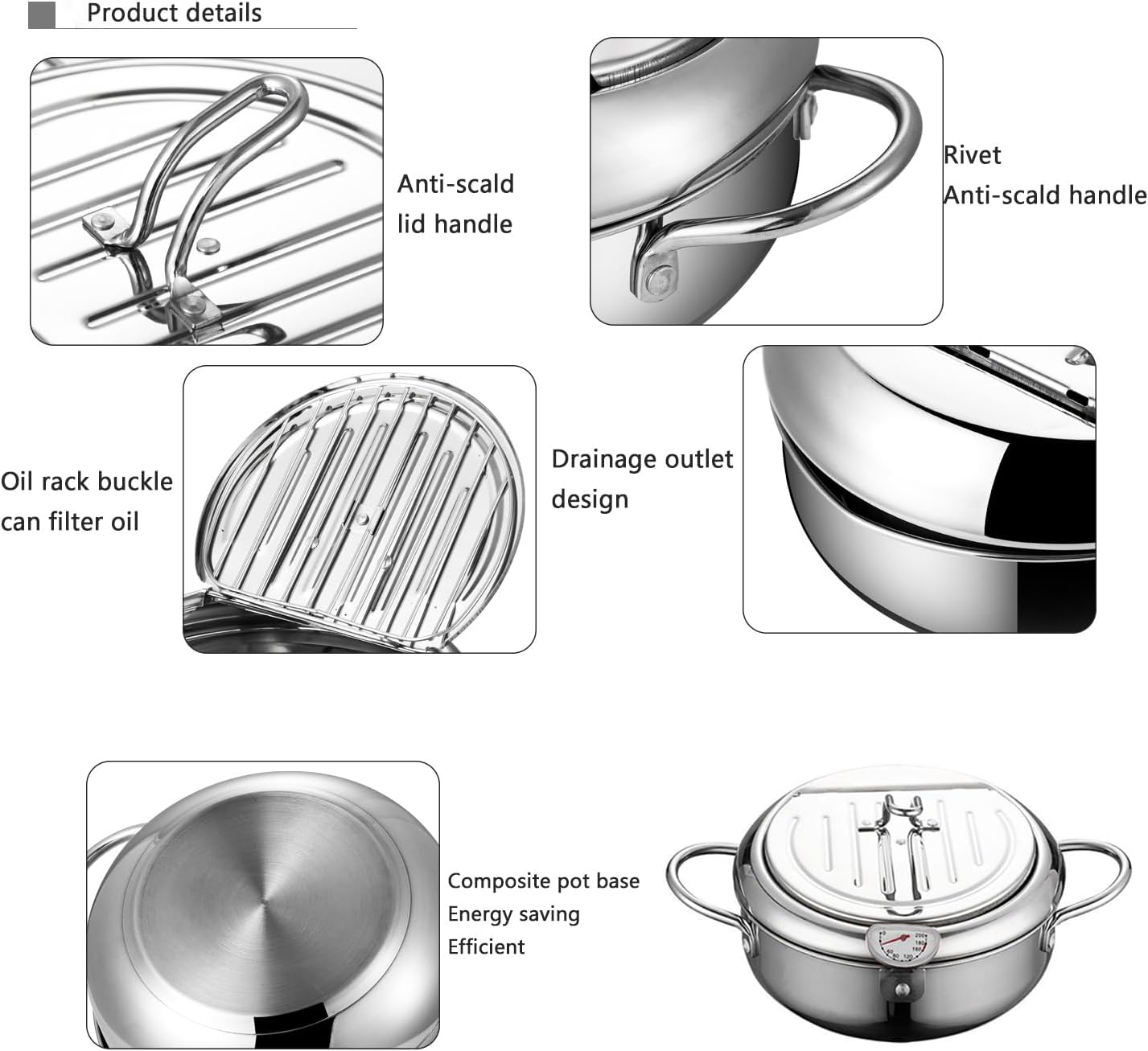 Deep Fryer Pot, Japanese Style Tempura Deep Fryer Frying Pot With Thermometer, Lid, Oil Drip Drainer Rack for French Fries Fish Shrimp Chicken 7.9 Inch/2.2 L 304 Stainless Steel Gifts - Image 7