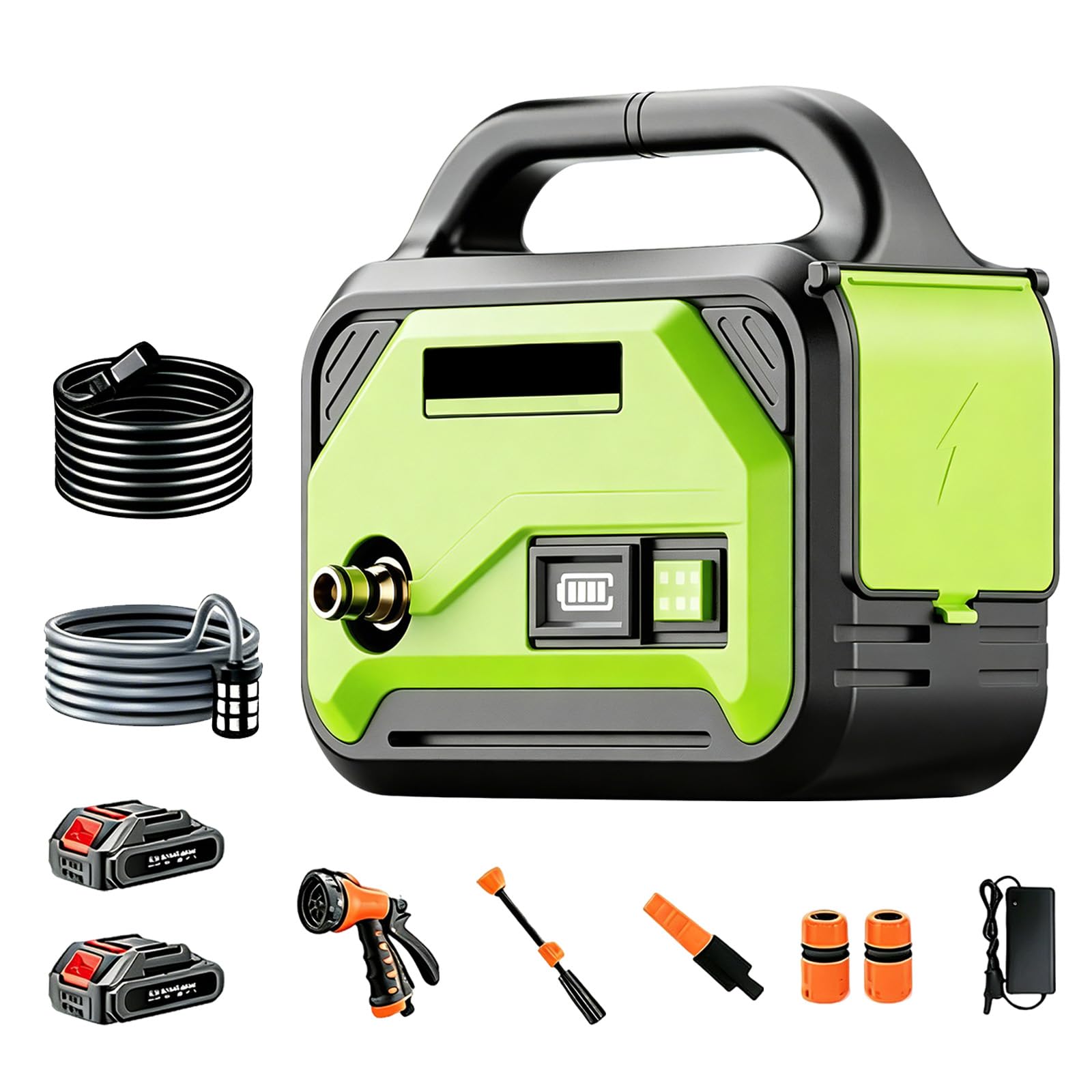 Pompa da Giardino Autoadescante a Batteria, 4,5 Bar, Pompa Acqua Portatile con 2 Batterie, Tubo di Mandata 10 m e Aspirazione 3 m, 3 Ugelli Spray, per Laghetto, Giardino, Acquario e Campeggio