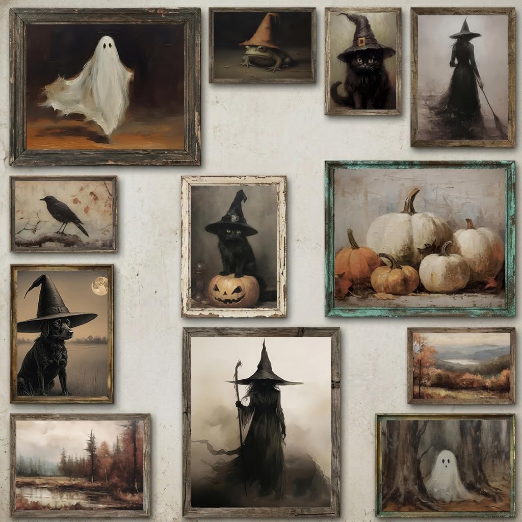 LANCHI95 12 Pcs Halloween Wall Art Prints, Vintage Witch Posters, Cute Ghost Pictures for Bedroom Decor (UNFRAMED)