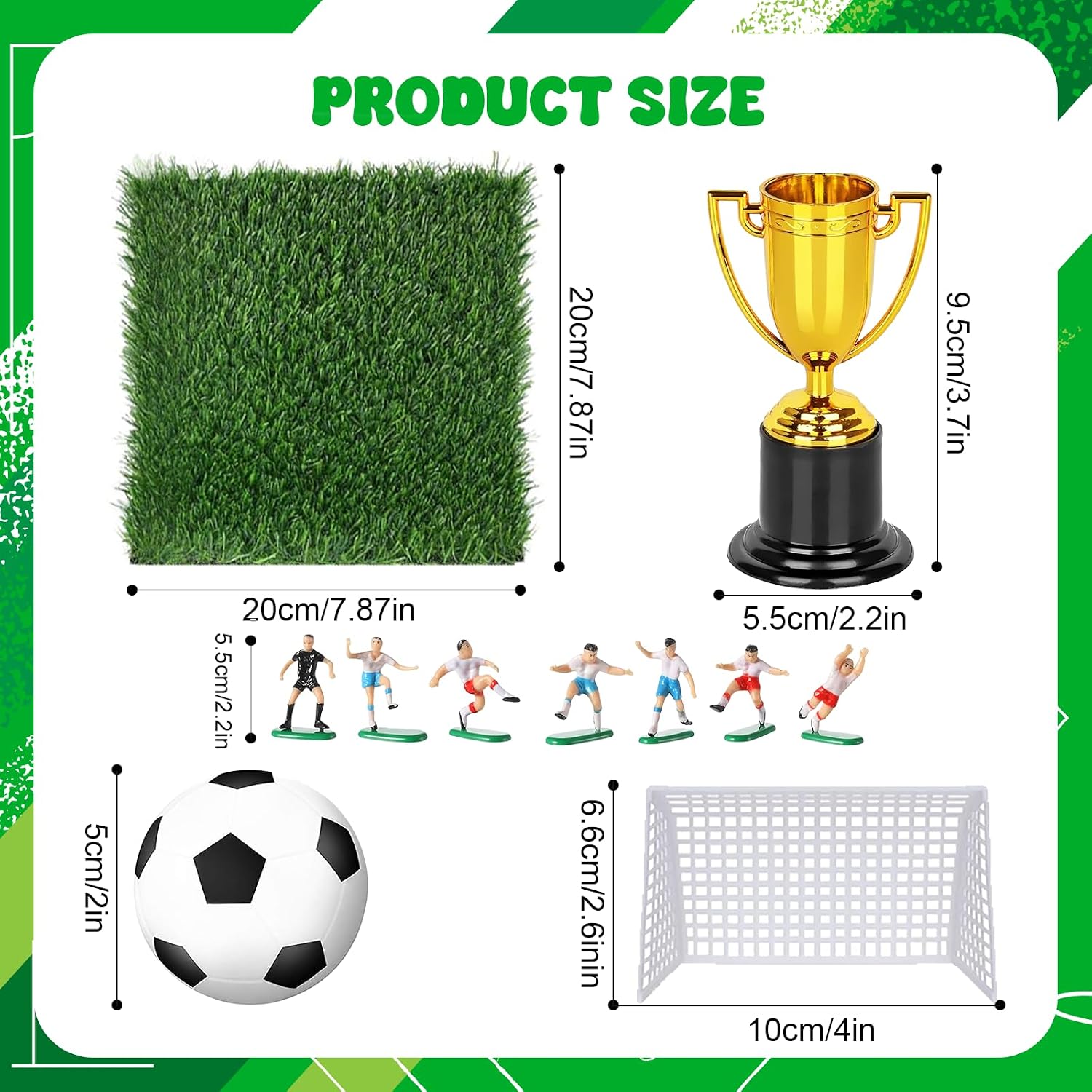 42 Pcs Soccer Party Table Decorations Kit 6 Set Soccer Table Centerpieces Decor Includes 6 Artificial Grass Mats 6 Mini Soccers 6 Gold Trophy 3 Set Soccers Team Model for Sport Birthday Party Decor