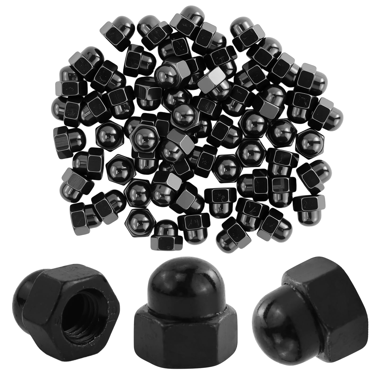 65 dadi per cappelli zincati, DIN 1587, nero, M6, in acciaio al carbonio, M6, forma alta, colore nero, esagonale, antiruggine, per viti per barre filettate