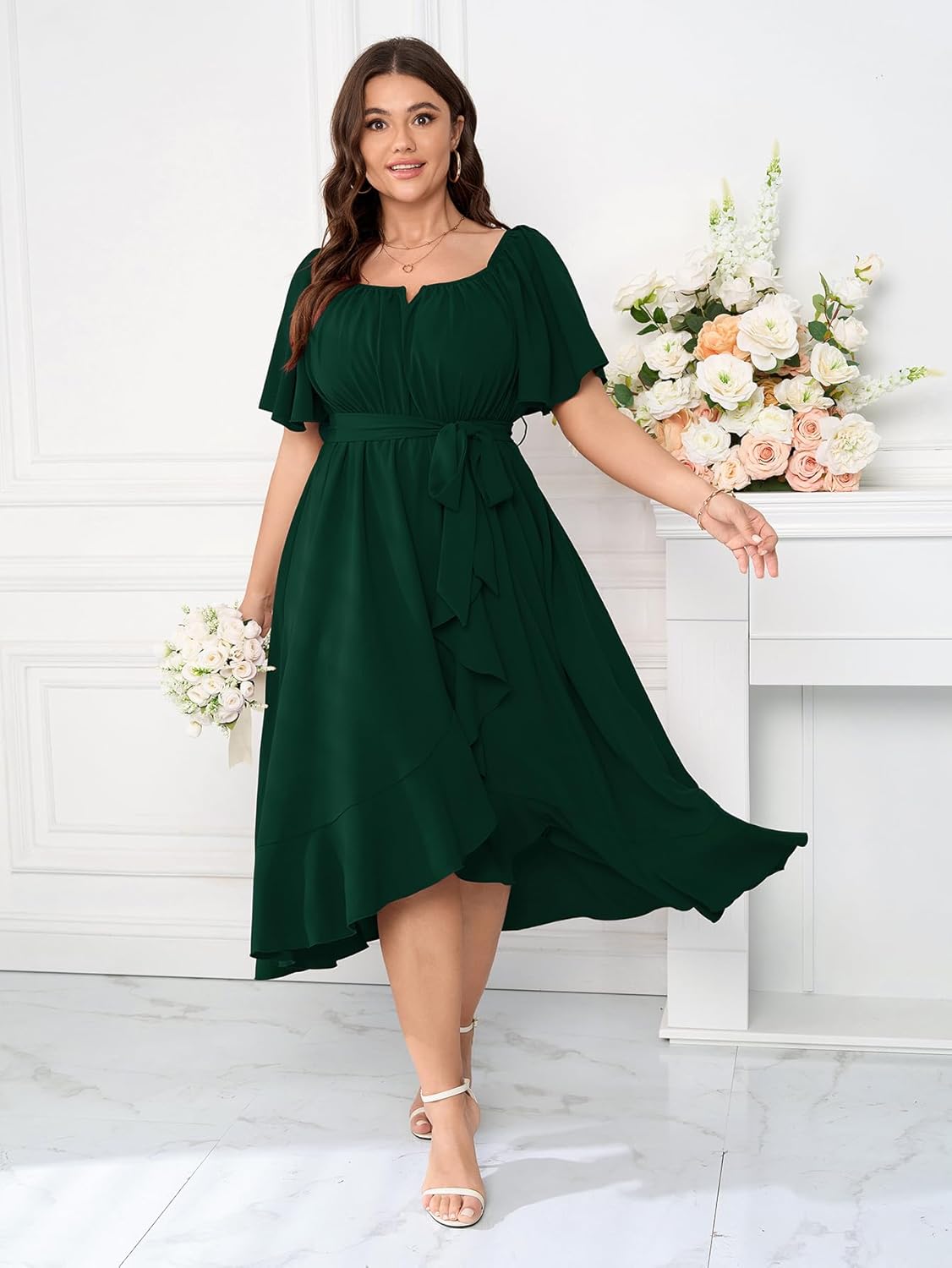 Womens Plus Size Cocktail Midi Dresses Short Sleeve Square Neck Flowy Formal Wedding Guest Dress Off The Shoulder - Image 5
