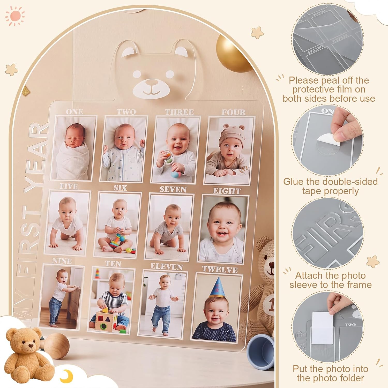 Wenqik My First Year Picture Frame Twelve Months Photo Collage Board Monthly Milestone Keepsake for Baby Shower New Mom Gift Nursery Decor 1st Birthday Decorations image 4