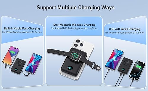 Miniatura 8 de Cargador portátil magnético para MagSafe con cable integrado, cargador iWatch, banco de energía inalámbrico de 10800 mAh, artículos esenciales de