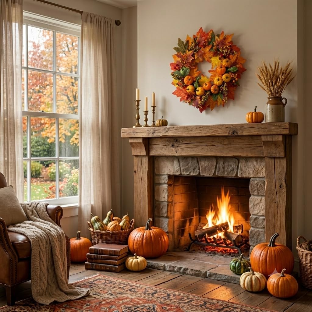 ZOOYOO 22" Fall Wreaths for Front Door, Artificial Autumn Door Wreath with Maple Leaves Pumpkins Berries, Harvest Thanksgiving Halloween Decor for Porch Wall
