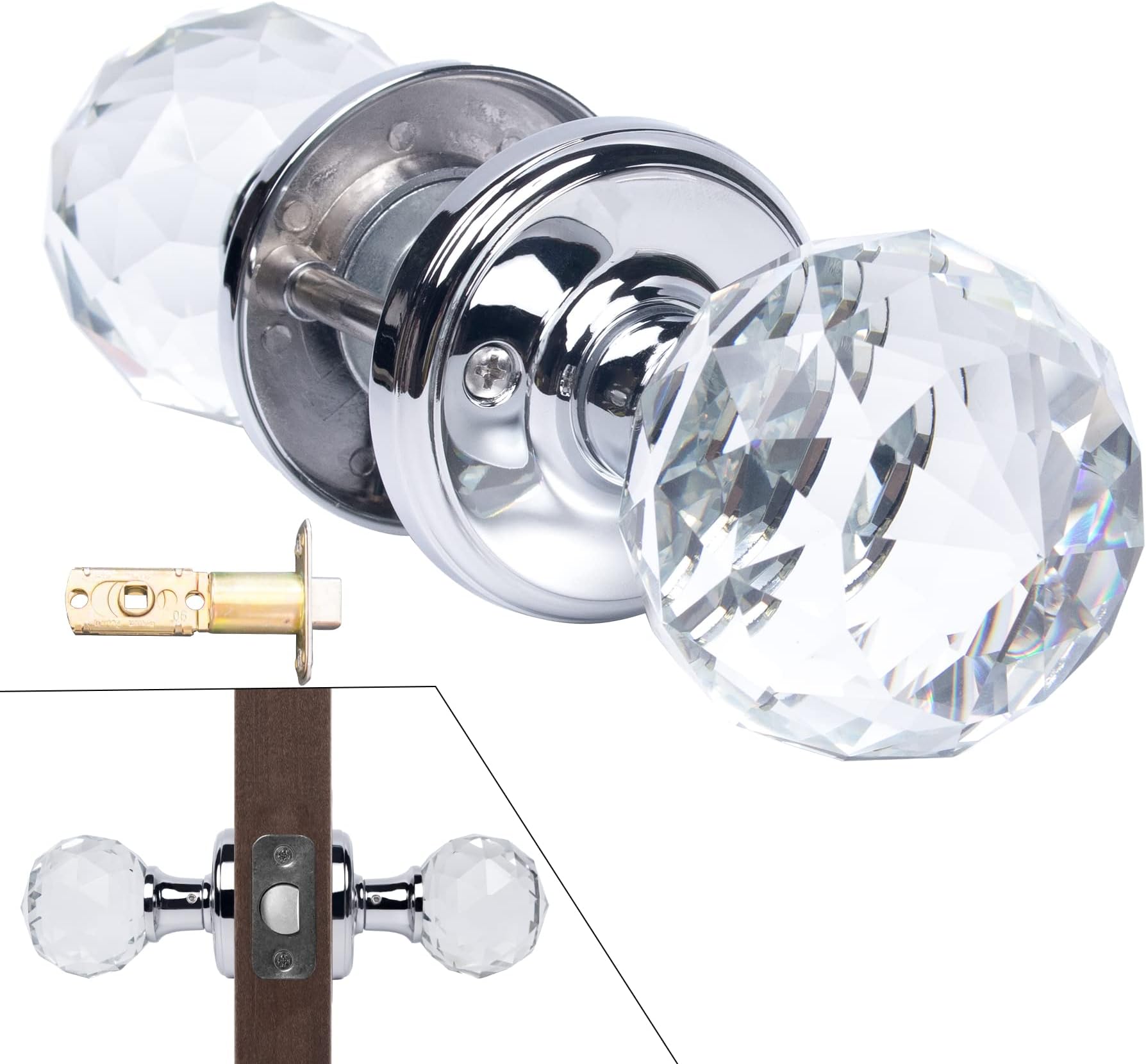 CWOVRS Crystal Door Handles (1 Pair), Solid Crystal Door Knob 60mm Court Style Internal Door Handles with Adjustable Tubular Latch (No Lock) & DIY Screw for Bedroom Bathroom