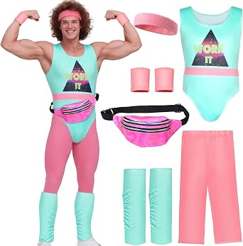 Amycute 80s Fitness Instructor Costume for Men, 80s Workout Costumes, Men's Aerobics Outfit Fancy Dress Retro Fitness Outfits