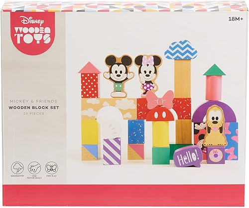 Miniatura 3 de Just Play - Juego de bloques de Mickey Mouse y sus amigos de Disney Wooden Toys, 28 piezas que incluyen las figuras de bloque de Mickey Mouse,