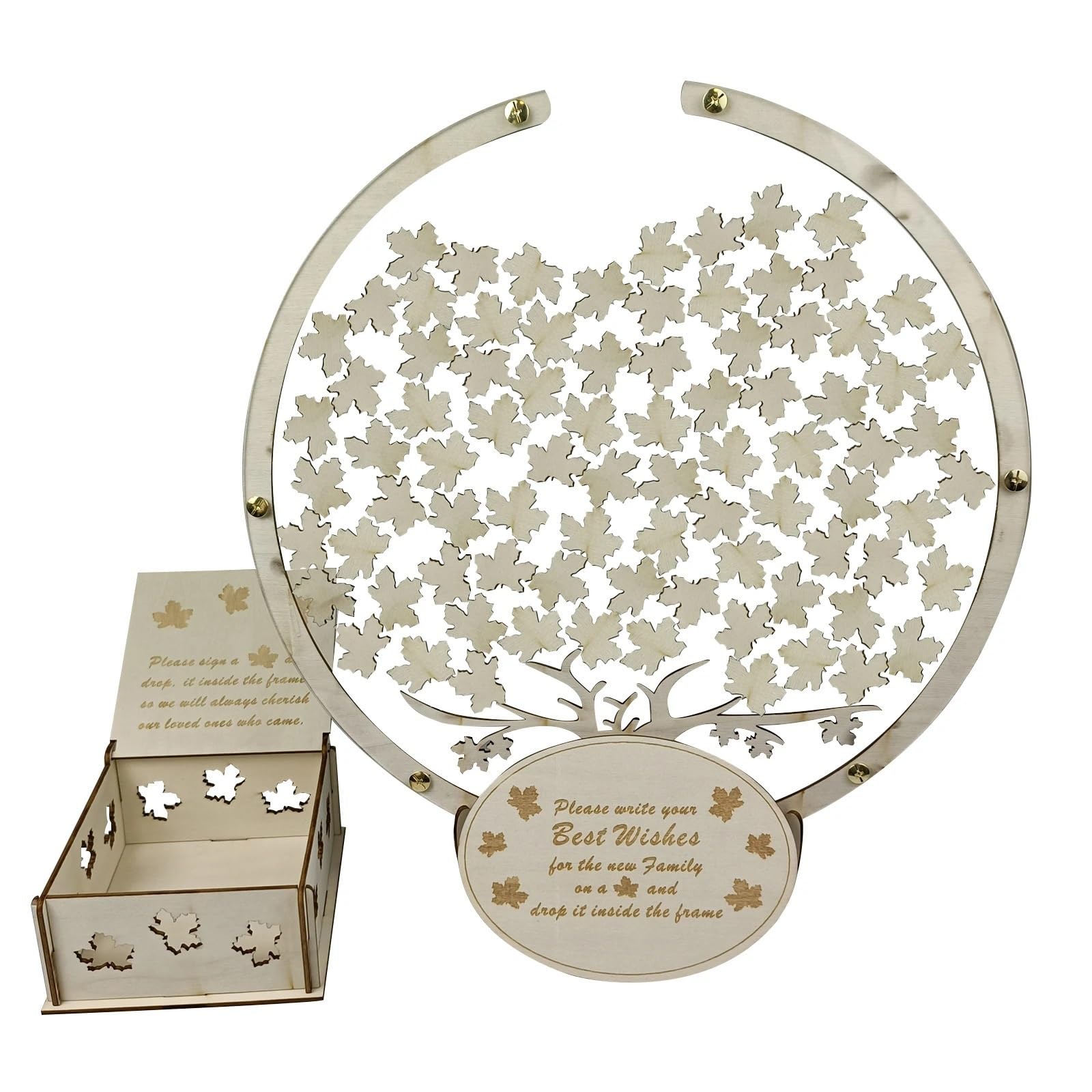 KHASCBNF Wedding Card Box Wooden Guest Drop Boxes With 60/80pcs Maple Leaves Best Wishes Message Box DIY Souvenirs Ornaments Wedding Reception Decor