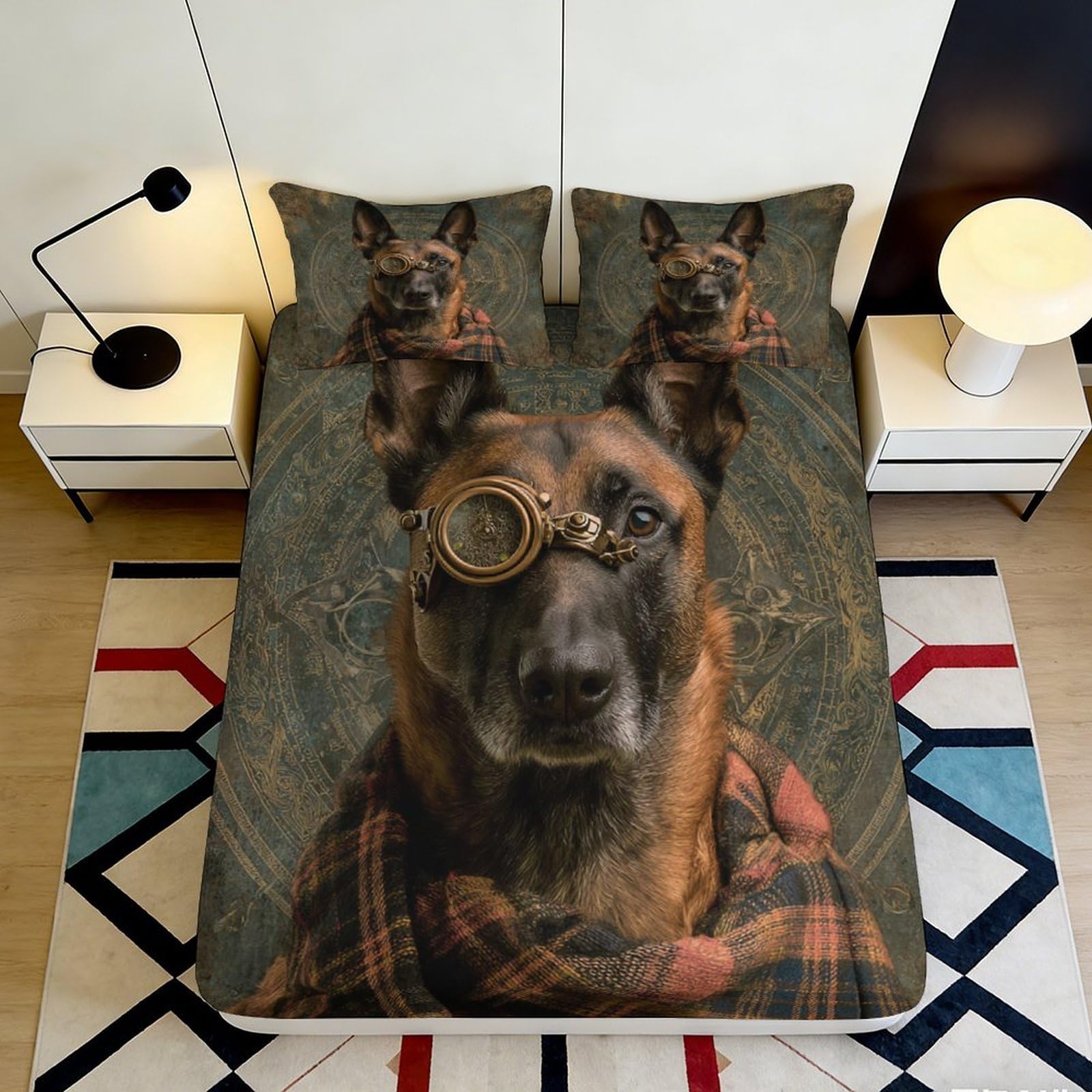 3D Printed German Shepherd Pattern Fitted Sheet Microfiber Deep Pocket Bedroom Bedding Anti-Slip German Shepherd Mattress Fitted Cover for Adults Teens 90x200x25cm
