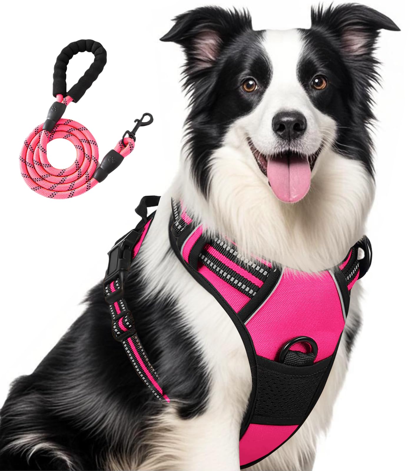 Jomkig Adjustable No Pull Dog Harness with Easy Control Soft Padded Handle for Large Dogs Reflective Breathable Pet Vest Outdoor Walking Training, Rose Red, Large