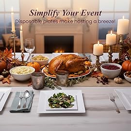 Aya\'s 100ct Square Plastic Disposable Plates, White - 9.5-Inch 50 Dinner and 6.5-Inch 50 Salad Plates for Party - Heavy-Duty Hard Plastic Design for Wedding, Event, Christmas, and Thanksgiving