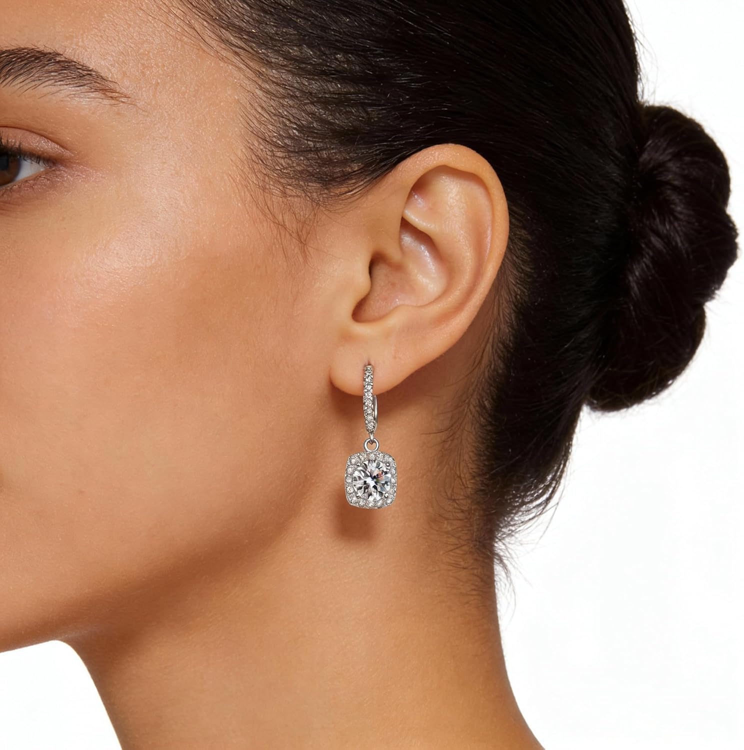 Moissanite Square Drop Dangle Earrings for Women, Hypoallergenic S925 Halo Hoop Earrings, Pierced Simulated Diamond Huggie Earrings, Elegant Fine Jewelry Gifts for Anniversary Birthday Bride Wedding - Image 5