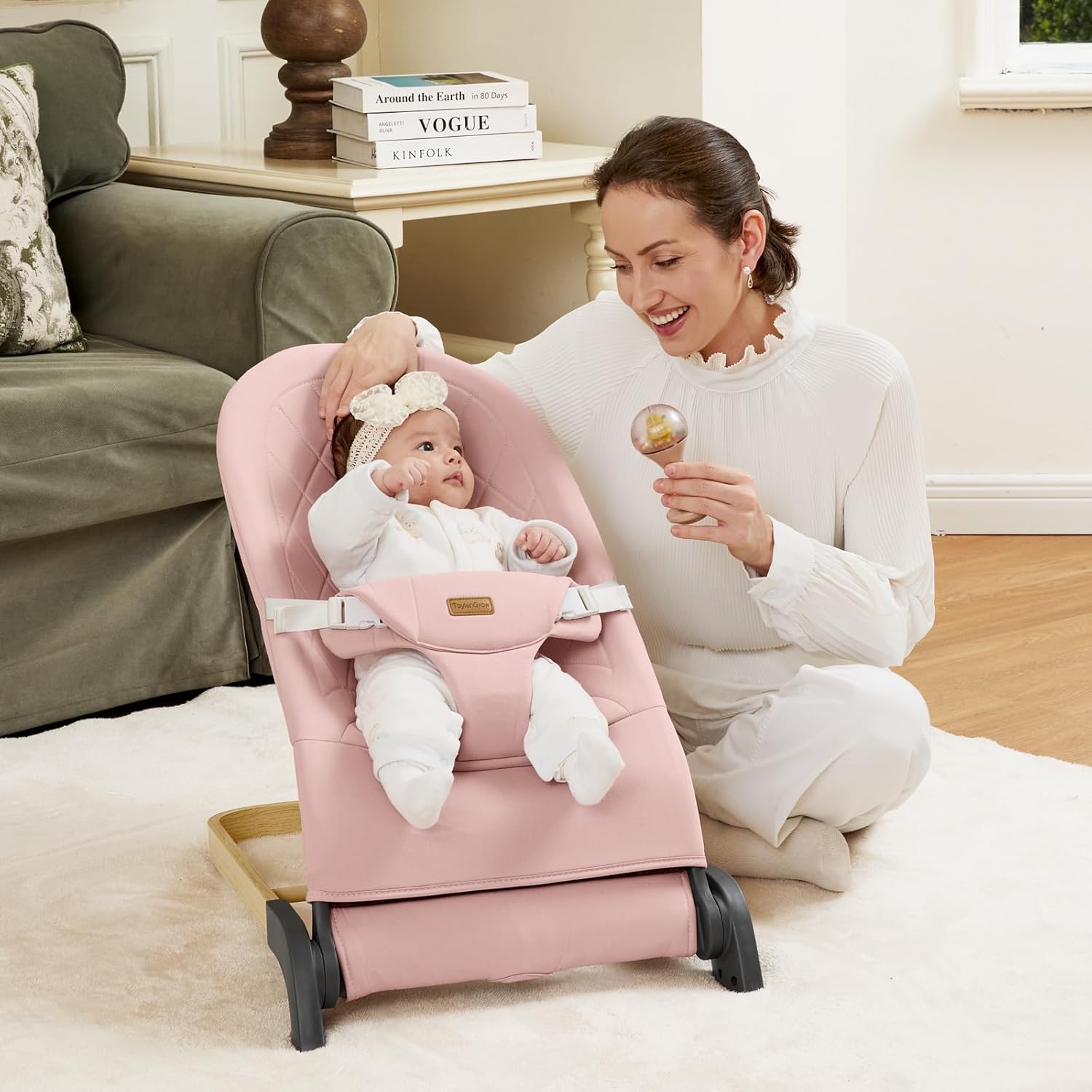 Foldable Baby Bouncer, Baby Bouncer Seat with 3 Adjustable Heights, Portable Newborn Rocker, Ergonomic Bouncer Seat for Natural Bounce, Bouncer for Babies 0-6 Months, Soft Cotton (Pink)