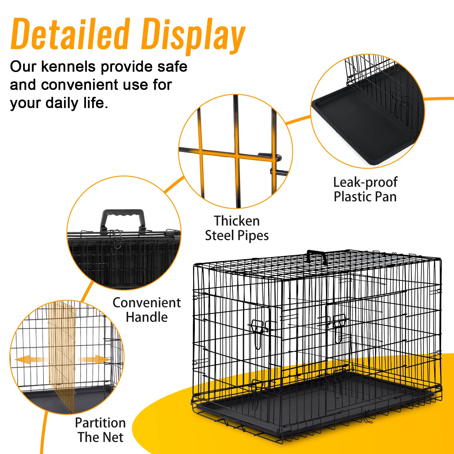 FDW Dog Crate Dog Cage Pet Crate for Large Dogs 30 Inch Folding Metal Pet Cage Double Door W/Divider Panel Indoor Outdoor Dog Kennel Leak-Proof Plastic Tray Wire Animal Cage