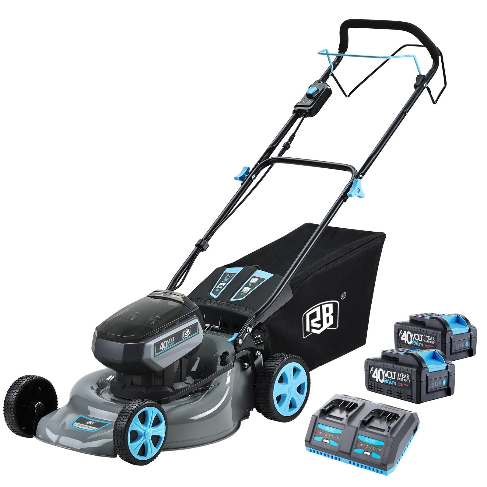 RB 80V Battery Power Lawn Mower 21IN Cordless 8 Cutting Heights Adjustable Lawnmower w/Brushless Motor Low Noise 2 in 1 Push Mower with Fast Charger and 2 x40V 4.0AH Battery