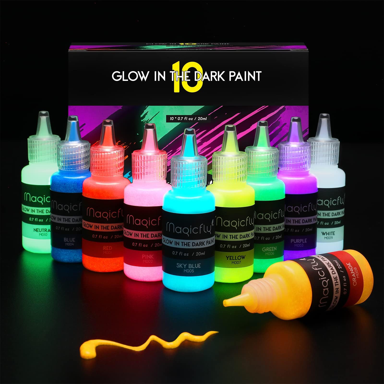 Glow in The Dark Paint, 10 Extra Bright Colors(20 ml/0.7 oz) Glow Paint, Long-Lasting Self-Luminous Glow in The Dark Acrylic Paint for Artwork, DIY Projects, Perfect for Halloween Decorations