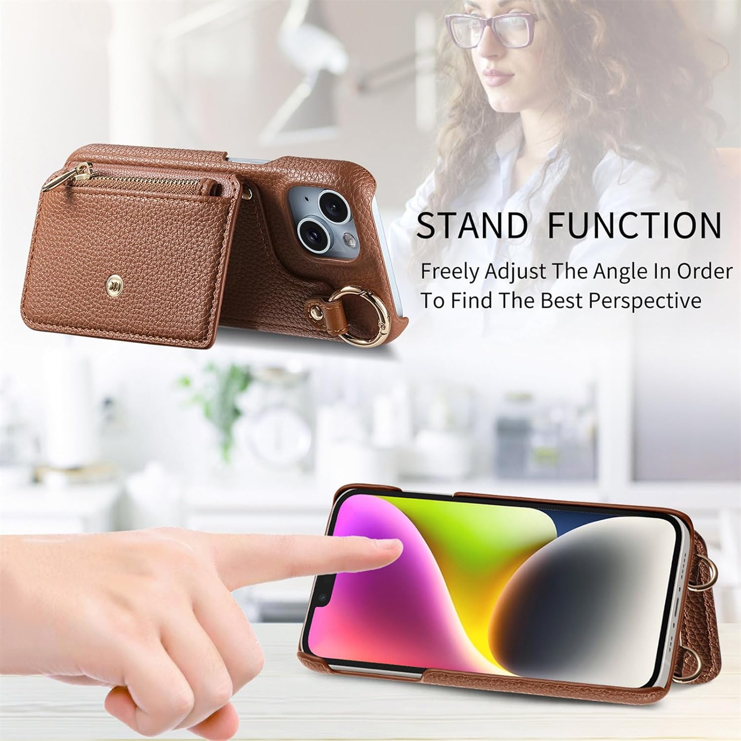 Wallet Case for iPhone 14 with Lanyard Strap Card Slot Holder RFID Blocking 360° Ring Kickstand,Magnetic Flip Folio Zipper Purse Case, PU Leather Cover Handbag,Brown