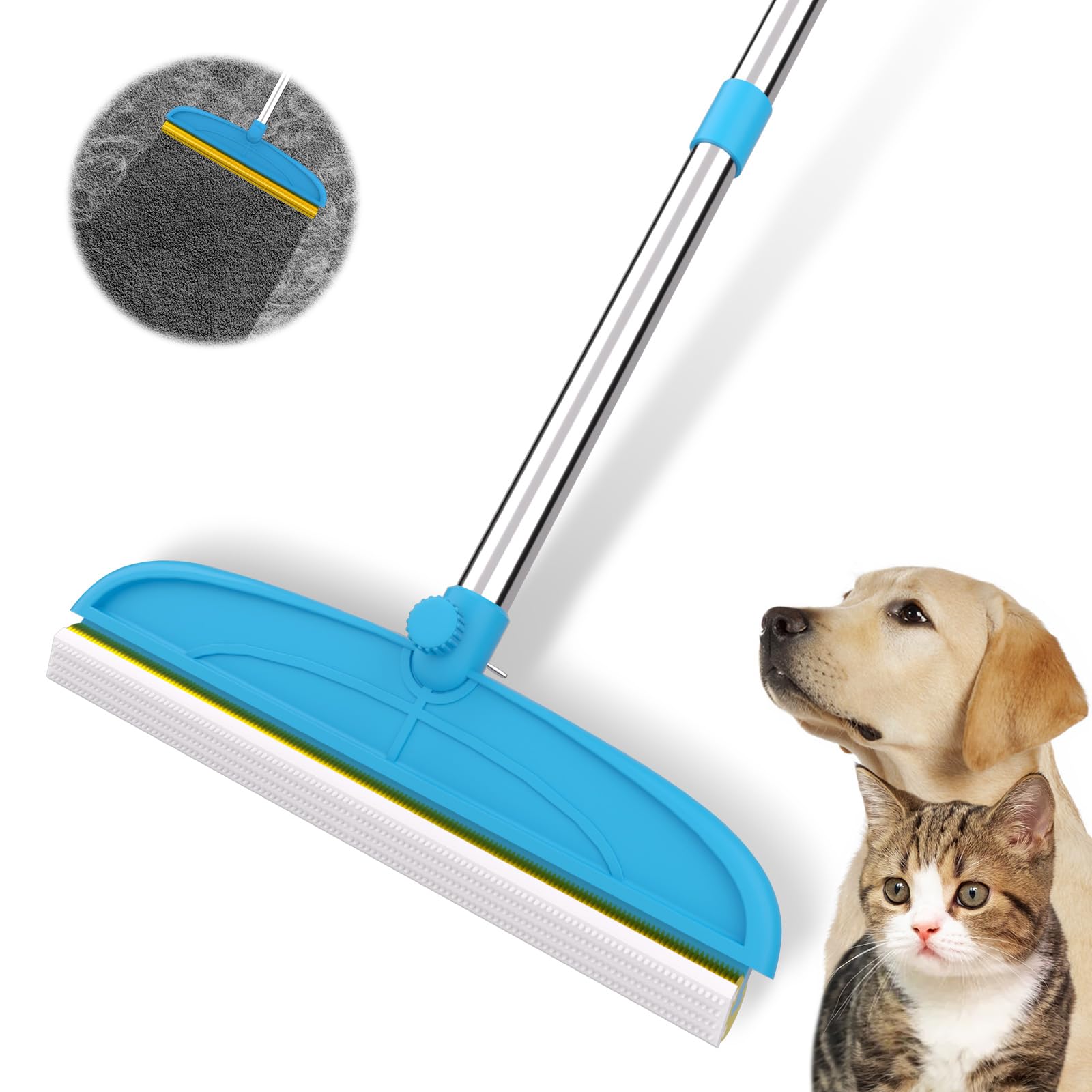 Carpet Rake for Dog Hair Remover: 2 in 1 Reusable Pet Hair Remover – 60‘’ Adjustable Long Handle Carpet Removal Tool for Dog Cat Human Hair – Carpet Scrape Cleaning for Rug Couch Bed (Blue)