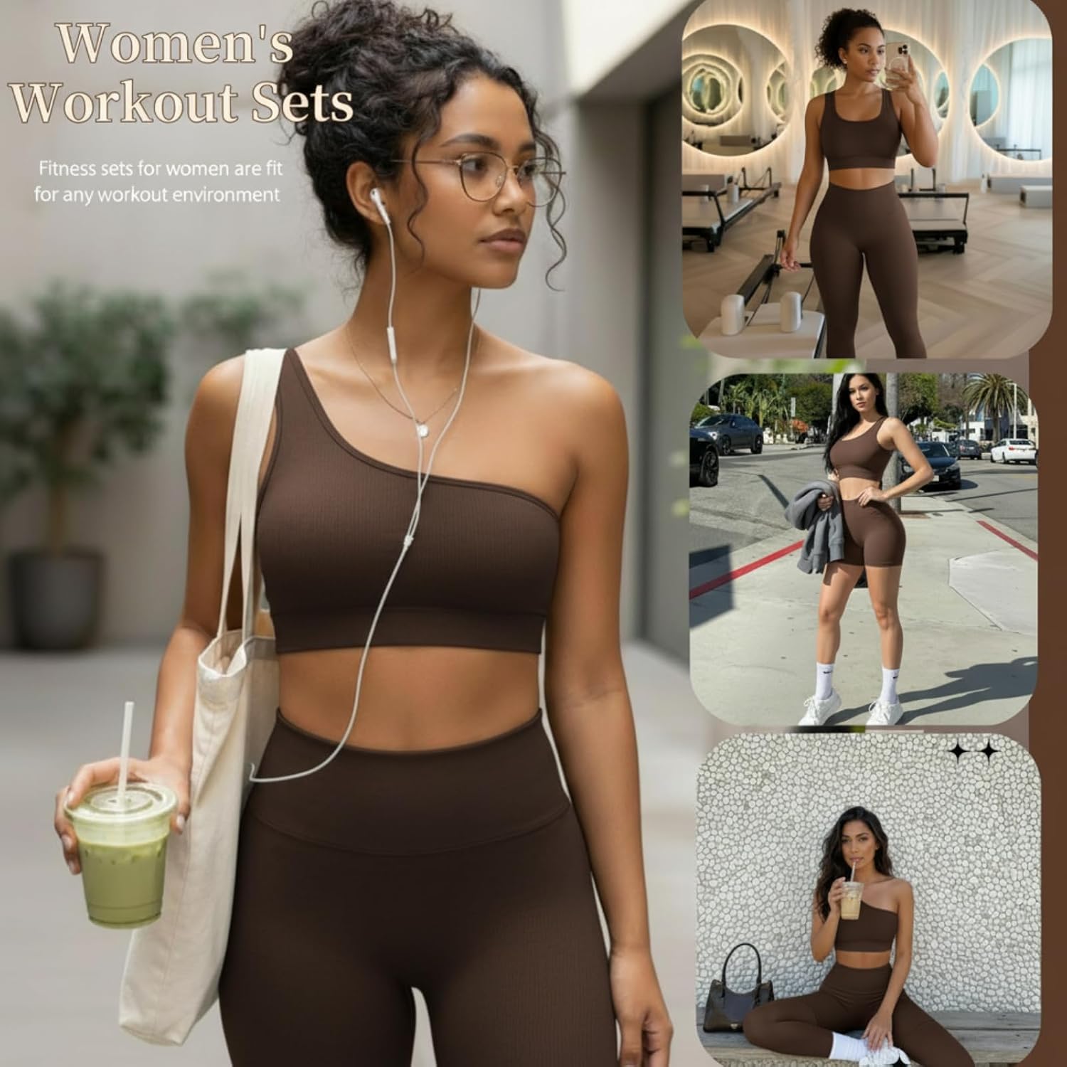 4 Pcs Women's Workout Sets Pilates Exercise Outfit Ribbed Scoop Neck Sports Bra Shorts Leggings Gym Clothes Set image 5