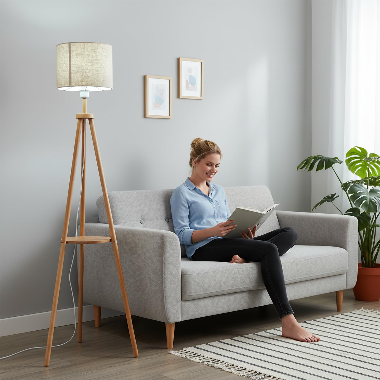 NIKYJM Stehlampe Wohnzimmer mit Regal, Holz Standleuchte LED Dimmbar Dreibein 3 Farbtemperatur Halbe Stunde und Eine Stunde Timerfunktion mit Lampenschirm Fußschalter für Wohnzimmer Schlafzimmer Büro