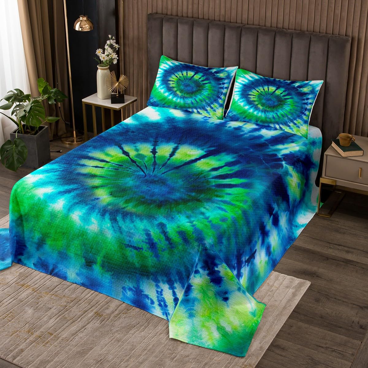 Castle Fairy Boho Hippie Bedspread,King Size,Psychedelic Geometric Stripes Colorful Tie-dye 3 Pieces,Kids Boys Girls Room Decorative Quilted Bedding Set with 2 Pillow Shams,Fluorescent Green