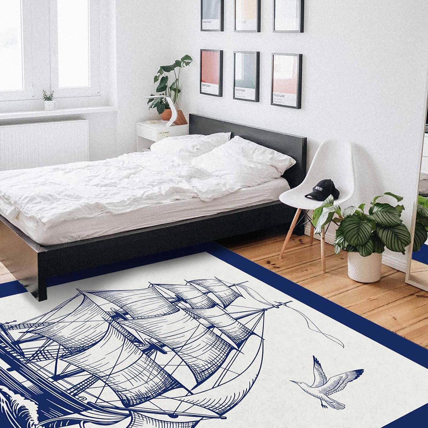 DecorLovee Navy Blue Nautical Indoor Outdoor Area Rug, Large Area Rugs for Living Room Bedroom, Beach Ocean Coastal Sailboat Non Slip Bathroom Rugs Washable Throw Carpet Floor Mats Runner 5'x7'